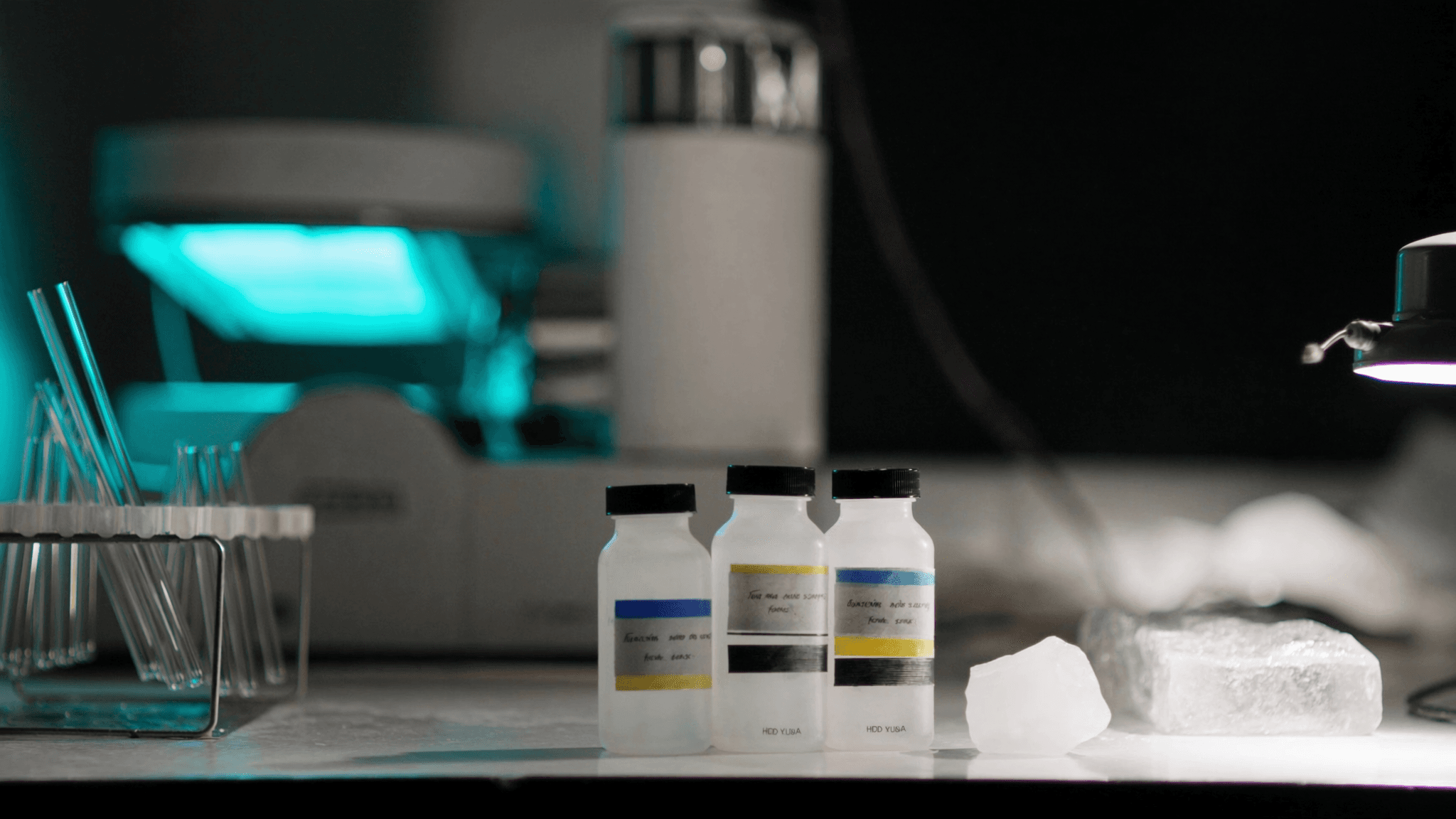 Water sample bottles prepared for EPA-method PFAS analysis by LC-MS/MS