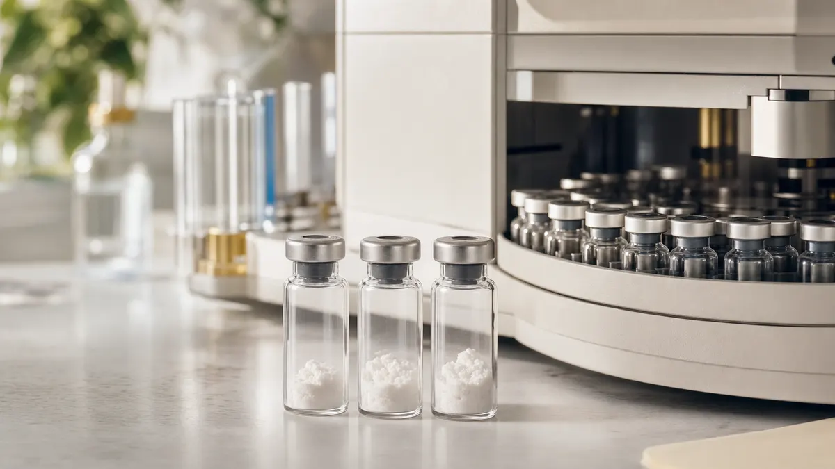 Illustration: three vials of lyophilised peptide powder in front of an HPLC autosampler
