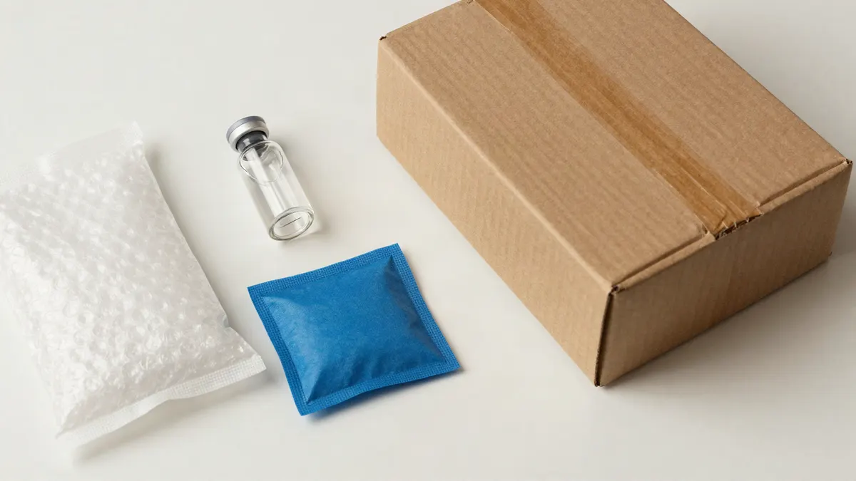 Illustration: a sealed peptide vial, a padded mailer, a cold pack and a shipping box